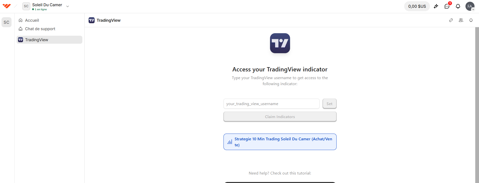 Espace Whop ouvert directement sur l'onglet TradingView